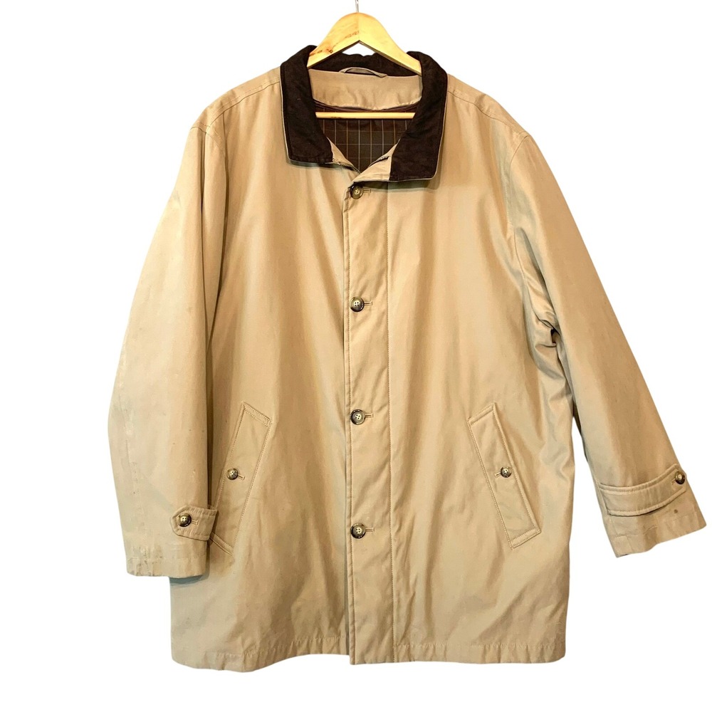 Talbots Men Tan‎ Khaki Barn Coat Full Zip Button Front Plaid Zip Out Liner XL